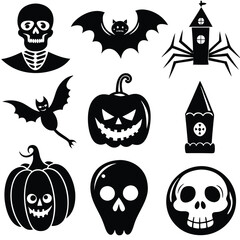 Gothic halloween sticker pack made up of pumpkins, bats, cats, crow, skull, ghosts, graves, spider, web and broom. Different holiday stickers as prints, patterns for graphic or fashion design