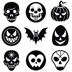Gothic halloween sticker pack made up of pumpkins, bats, cats, crow, skull, ghosts, graves, spider, web and broom. Different holiday stickers as prints, patterns for graphic or fashion design