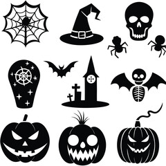 Obraz premium Gothic halloween sticker pack made up of pumpkins, bats, cats, crow, skull, ghosts, graves, spider, web and broom. Different holiday stickers as prints, patterns for graphic or fashion design