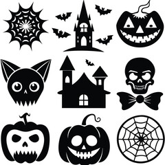 Obraz premium Gothic halloween sticker pack made up of pumpkins, bats, cats, crow, skull, ghosts, graves, spider, web and broom. Different holiday stickers as prints, patterns for graphic or fashion design