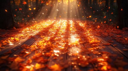 Fototapeta premium Golden Autumn Sunlight Through Falling Leaves on a Wooden Path
