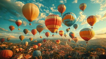 Fototapeta premium A panoramic view of several hot air balloons soaring above a cityscape filled with towering buildings