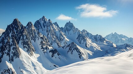 Obraz premium Panoramic View of Snowy Mountain Peaks Under Clear Blue Sky in Winter, Generative AI