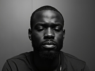 Obraz premium Close-up black and white portrait of an African man with closed eyes, emphasizing serenity and introspection, with soft lighting highlighting facial features.