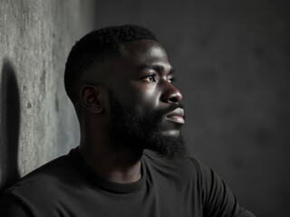 Side profile portrait of an African man leaning against a wall, deep in thought, with soft shadows and dramatic lighting enhancing the indoor setting.