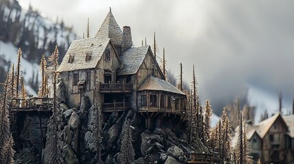 Obraz premium Old Wooden Cabin on Rocky Cliff Surrounded by Snowy Winter Forest, Generative AI