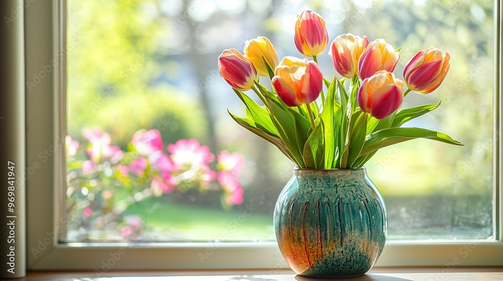 Sticker   Red and yellow tulips fill a vase on window sill