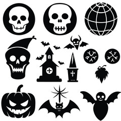 Gothic halloween sticker pack made up of pumpkins, bats, cats, crow, skull, ghosts, graves, spider, web and broom. Different holiday stickers as prints, patterns for graphic or fashion design
