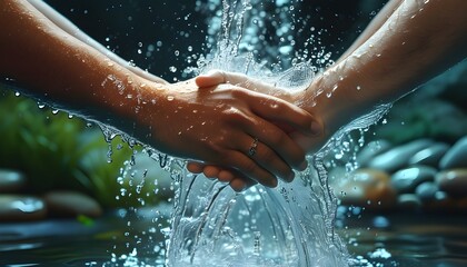 Underwater Harmony: Diverse Hands Shaking to Symbolize Unity and Cooperation in a Surreal Splashing Scene