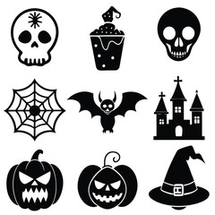 Obraz premium Gothic halloween sticker pack made up of pumpkins, bats, cats, crow, skull, ghosts, graves, spider, web and broom. Different holiday stickers as prints, patterns for graphic or fashion design