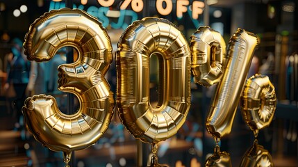 3D image of inflated golden text "30% OFF" accurate design