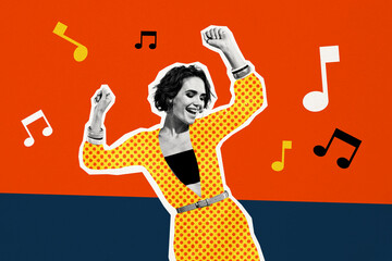 Composite photo collage of happy girl dance music note club occasion weekend party discotheque isolated on painted background