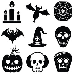 Gothic halloween sticker pack made up of pumpkins, bats, cats, crow, skull, ghosts, graves, spider, web and broom. Different holiday stickers as prints, patterns for graphic or fashion design