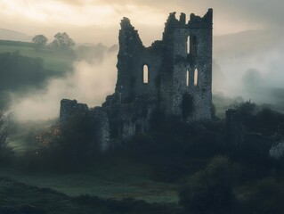 Obraz premium Ruined Stone Tower in a Misty Landscape