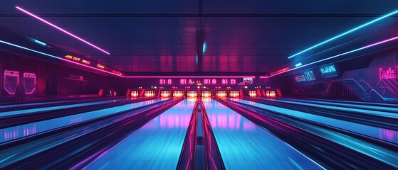 Fototapeta premium Neon-Lit Bowling Alley with Pins Set Up