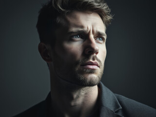 Fototapeta premium Close-up portrait of a young Caucasian man gazing to the side with a serious expression, lit with dramatic lighting that enhances the mood and indoor setting.