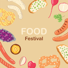 Postcard with traditional German food: pretzel, sausages, mustard, bread with green onion, redish. Hand drawn trendy flat vector illustrations for bar menu, beer and food festival.