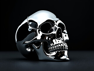 Close-up side view of a polished chrome skull sculpture, capturing reflective surfaces and dark tones with a focus on intricate details and smooth textures.