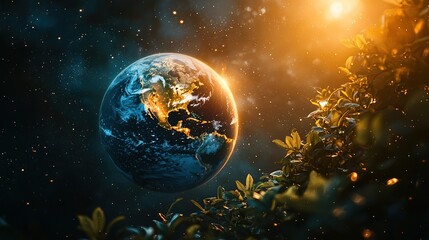 Fototapeta premium A view of Earth from space, with the sun shining behind it and a tree in the foreground