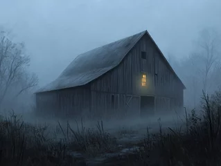 Poster de jardin  A Lone Barn in the Fog with a Single Light in the Window  © IMAGINIAC
