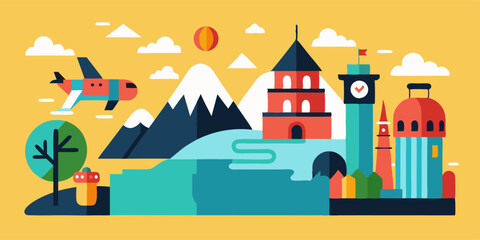 Obraz premium Vibrant travel scene with airplane, landmarks, mountains, and sunset