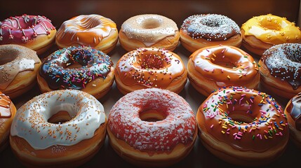 Box of donuts, hyper realistic, exagerrated, glossy