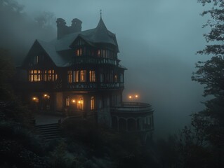 Obraz premium A Mysterious Victorian Mansion Bathed in Fog and Warm Light