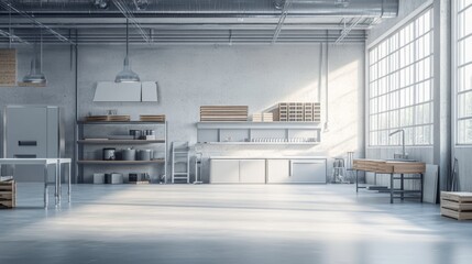 Obraz premium A large, empty room with a lot of shelving and a refrigerator