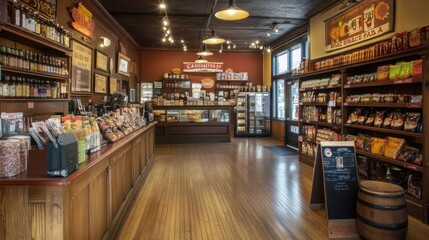 Fototapeta premium Interior of a Traditional Grocery Store with Wooden Shelving and Various Products