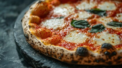 A pizza placed on a cheese-covered pan, with spinach leaves as a decorative garnish on the table