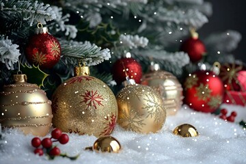 close-up shot of Christmas decorations on a snow-covered fir tree background, featuring gold and red ornaments, snowflakes, holly, and sparkle.