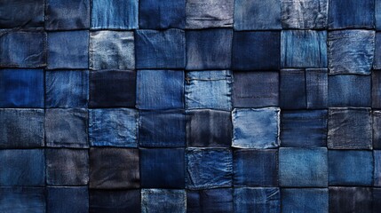 Patchwork of indigo denim squares arranged in a textured pattern