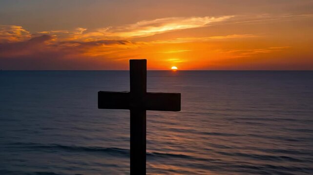 A serene sunset silhouette of a cross over calm waters, evoking themes of spirituality and tranquility in nature