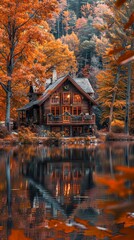 Fototapeta premium Cozy cabin by a lake surrounded by autumn trees
