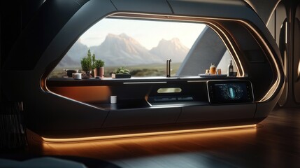 Fototapeta premium Futuristic Kitchen Design with Mountain View