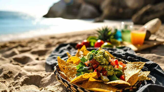 A vibrant beach scene showcasing nachos with guacamole, highlighting summer relaxation amidst scenic ocean views