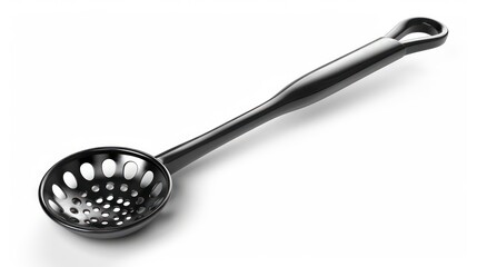 Black metal kitchen utensil with a loop handle and a perforated bowl.