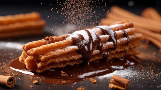 Churro with sugar powder and cinnamon in melted chocolate dip.