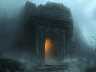 Ancient Stone Archway with Glowing Entrance in Foggy Forest