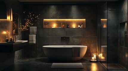 A bathroom with a large bathtub and a mirror