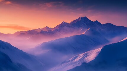 A majestic stock photo of a mountain range bathed in the soft light of dawn. 