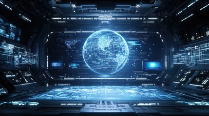 Obraz premium Futuristic Spaceship Interior with Holographic Earth Display