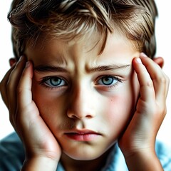 Fototapeta premium Niño con el rostro entre las manos mira fijamente hacia la cámara como sus ojos azules. 