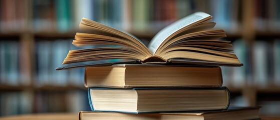 Naklejka premium Open Book on Top of a Stack of Books in a Library