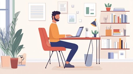 Man Working on a Laptop at a Desk in a Home Office.