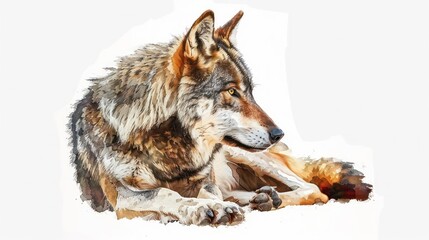 Fototapeta premium Closeup of a wolf lying down with its head turned to the side, looking off to the side.