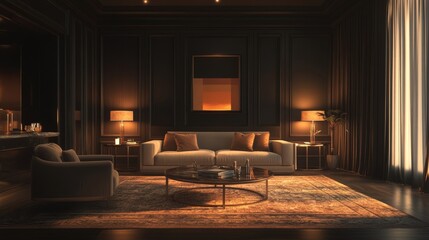 A living room with a couch, coffee table, and a large painting on the wall