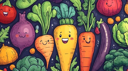 A colorful, hand drawn poster for World Vegetarian Day featuring vegetables as playful characters, with fun slogans and a festive atmosphere