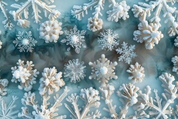 Close-up shot of intricate snowflake patterns on a frosty background, creating a symmetrical and festive Christmas-themed image.