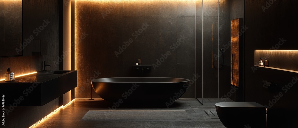 Wall mural a black bathroom with a black bathtub and a black toilet